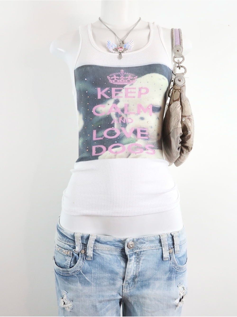2010s keep calm and love dogs graphic tank top pug rhinestone cami